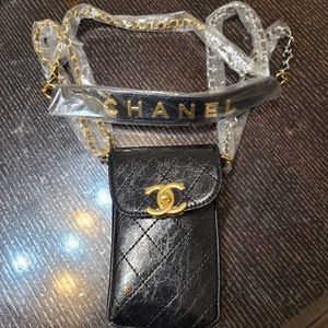 Chanel makeup vinyl bag with gold and silver adjustable chain